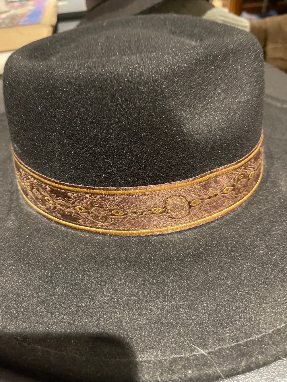 Black Wool Felt Fedora Hat with Brown Embroidered Band